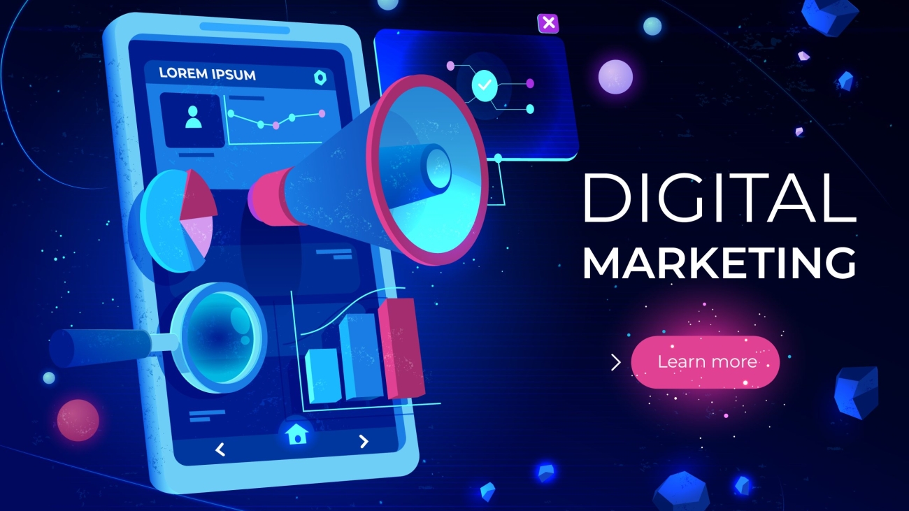 Digital marketing landing page, smartphone screen with megaphone or loudspeaker, data analysis charts and magnifying glass on futuristic neon glowing background. Cartoon vector illustration, banner